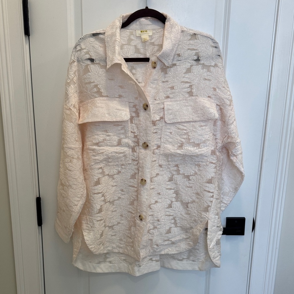 Maeve Sheer Embroidered Button-Up Blouse in Cream